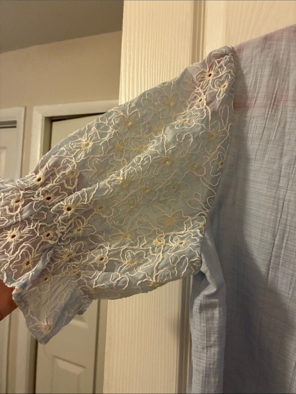 Light Blue Ruffle Neck Puff Sleeve Blouse - Picture 9 of 11